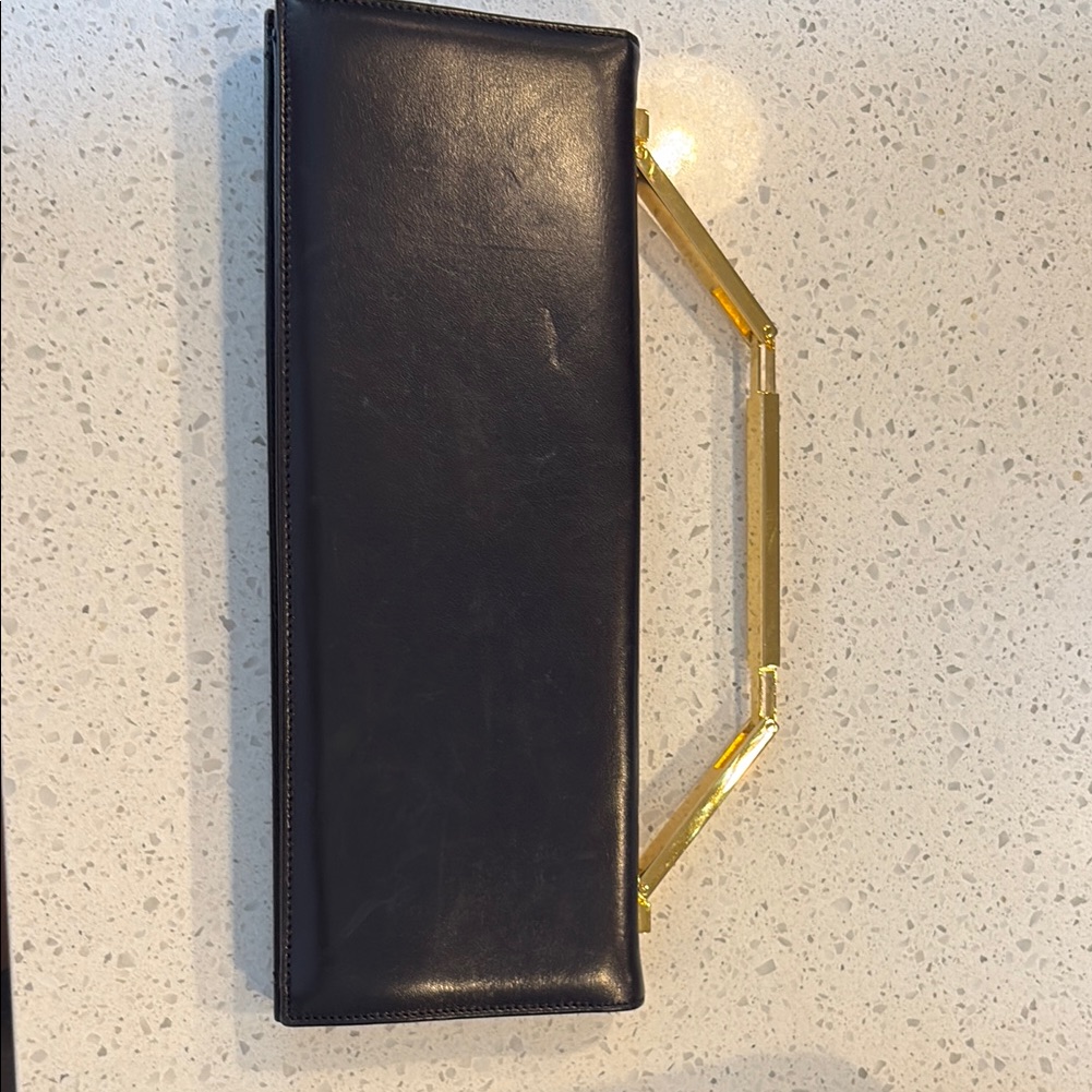 St.John Elegant Black Leather Clutch With Gold Handle